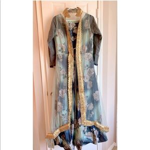 Long hi-low gown with detachable lace top.